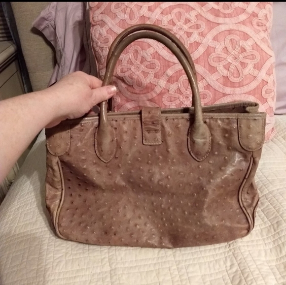 Vintage Limited Dooney & Bourke Camel/Taupe Ostrich Leather Satchel-Tote Handbag - Picture 2 of 12